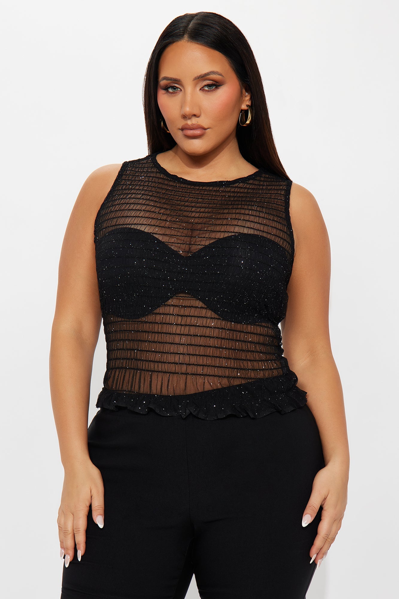 Genova Glitter Smocked Mesh Top - Black