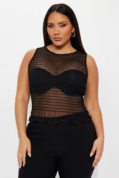 Genova Glitter Smocked Mesh Top - Black