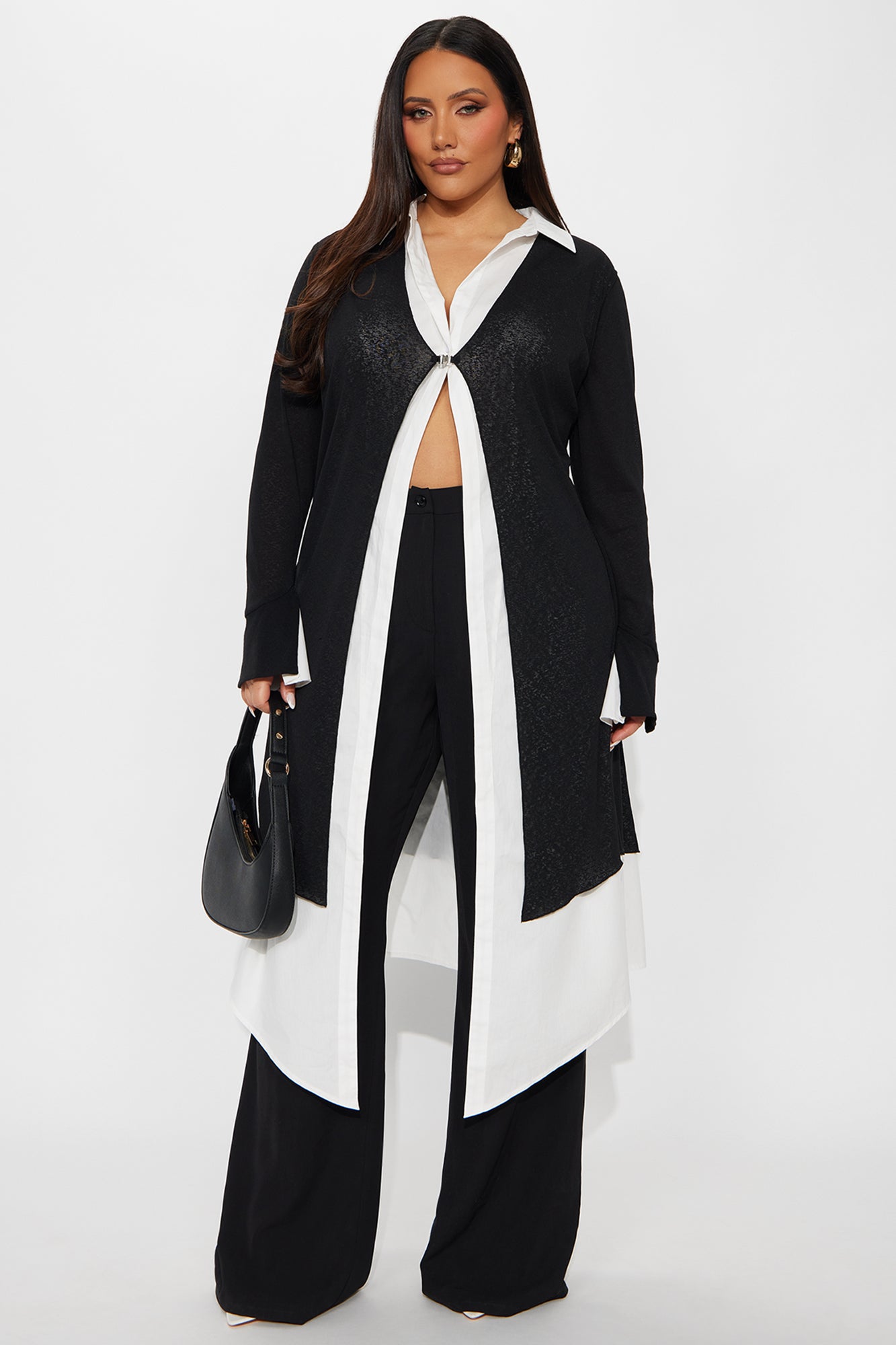 No Judgment Long Sleeve Collared Jumpsuit - Black/White