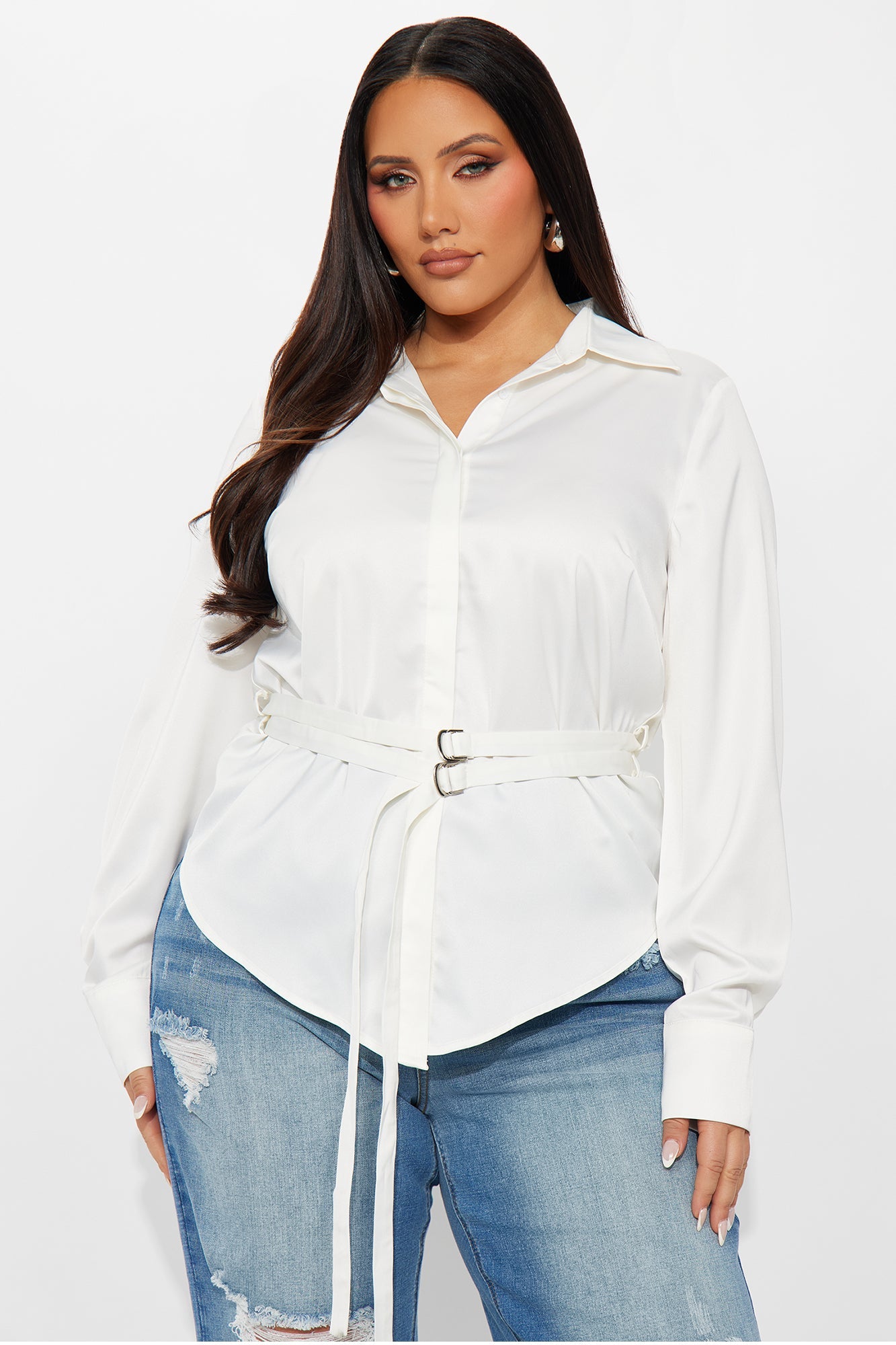 Pull It Together Belted Satin Shirt - White