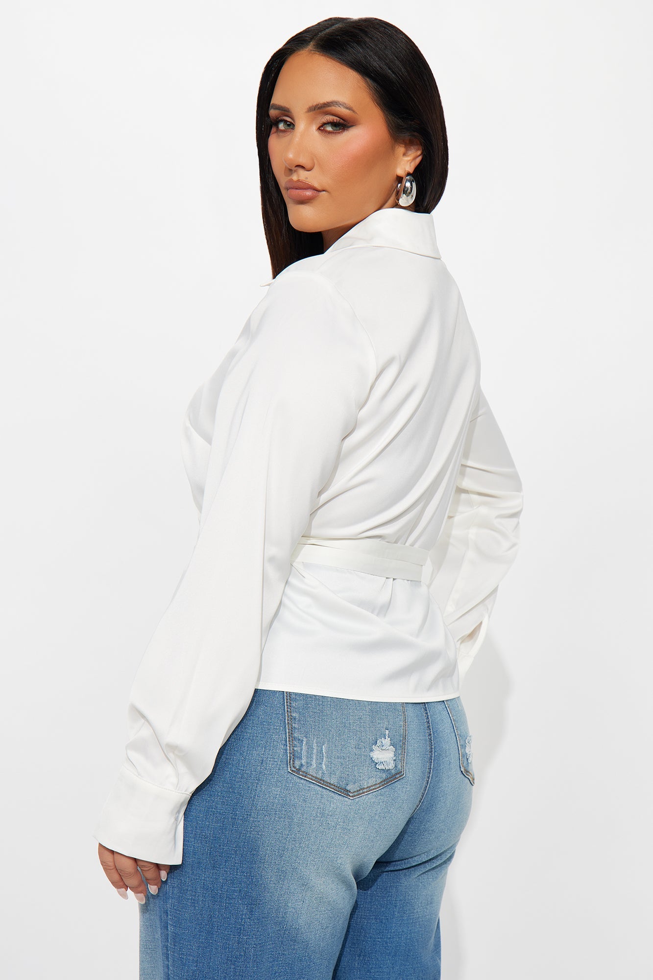 Pull It Together Belted Satin Shirt - White