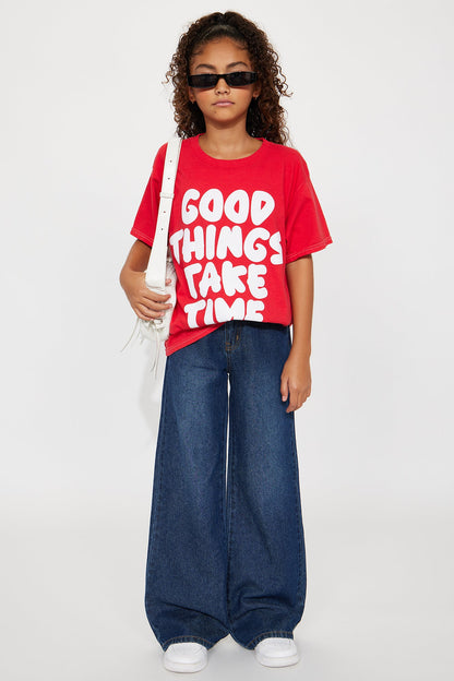 Mini Good Things Take Time Washed Oversized Tee - Red