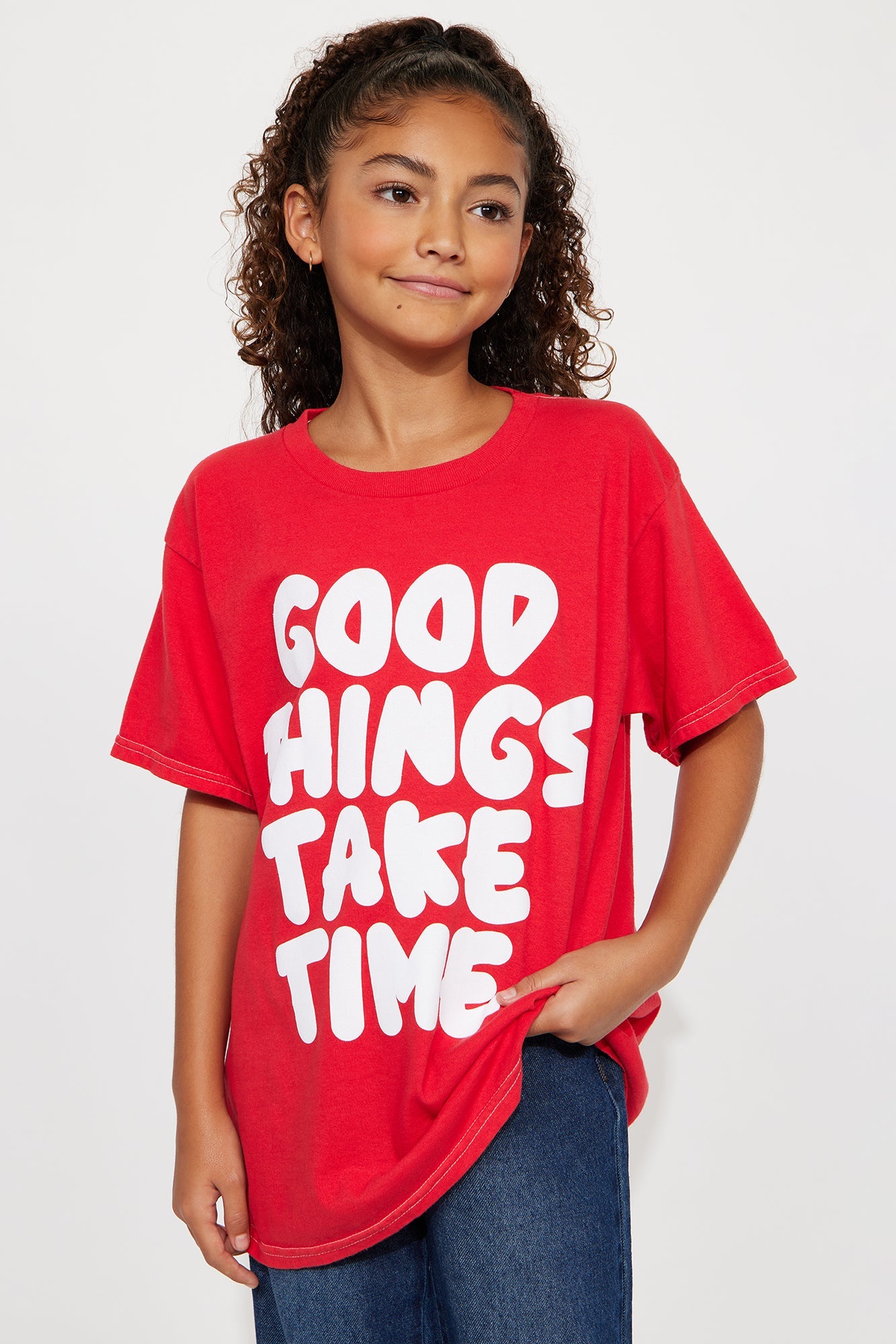 Mini Good Things Take Time Washed Oversized Tee - Red