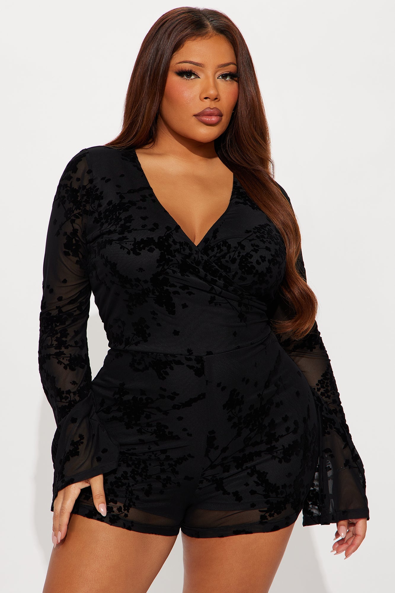 Galilea Mesh Long Sleeve Romper - Black