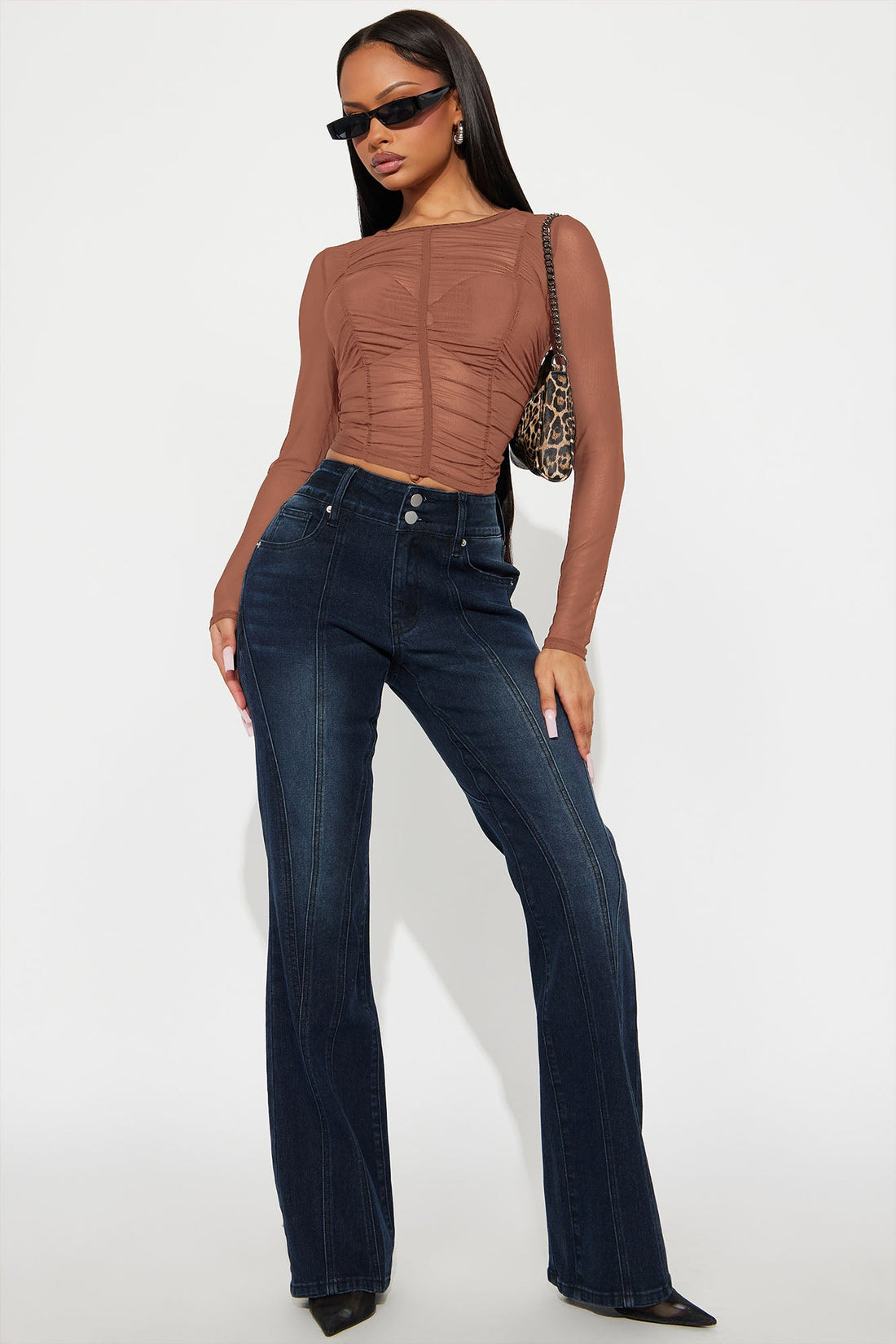 Delphine Long Sleeve Ruched Mesh Baby Tee - Mocha