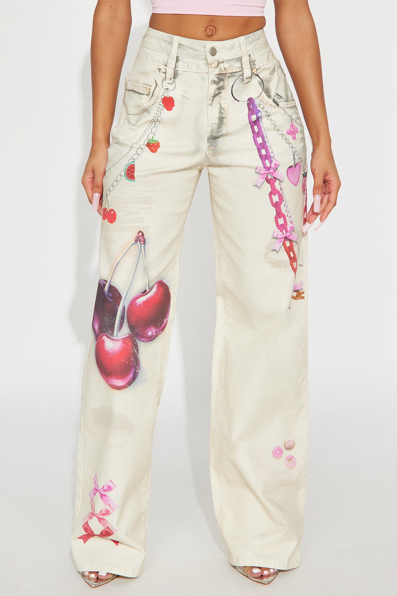 Cherry On Top Printed Wide Leg Jeans - Ivory