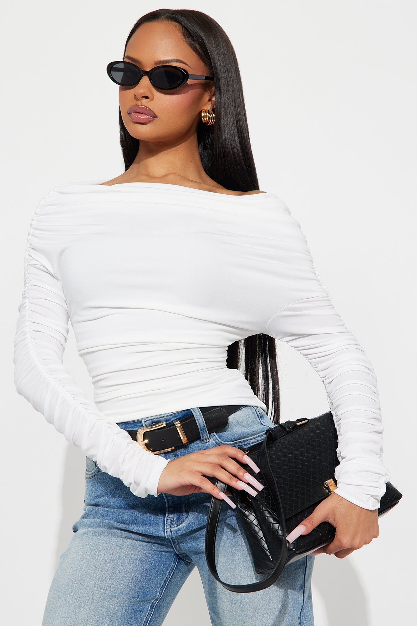 Maggie Long Sleeve Ruched Off Shoulder Top - White