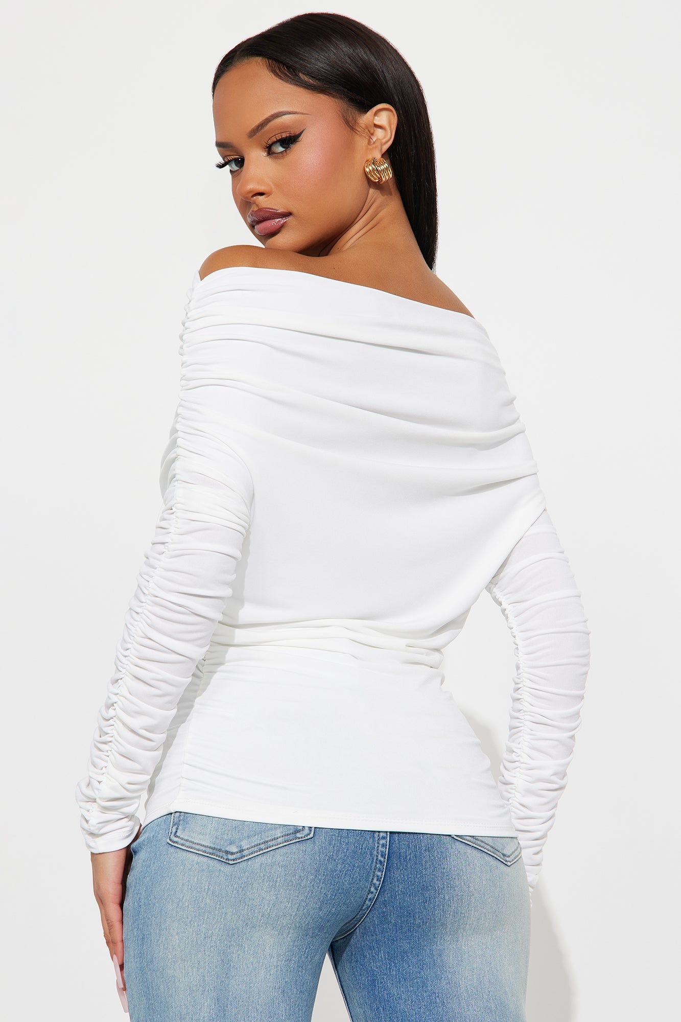 Maggie Long Sleeve Ruched Off Shoulder Top - White