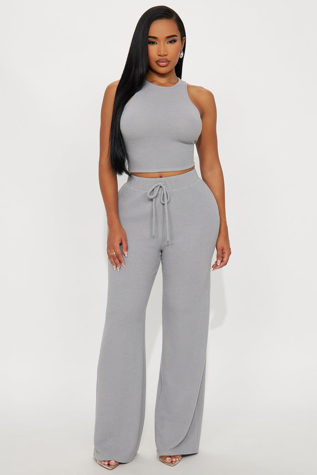 Alana Textured Wide Leg Pant Set - Grey