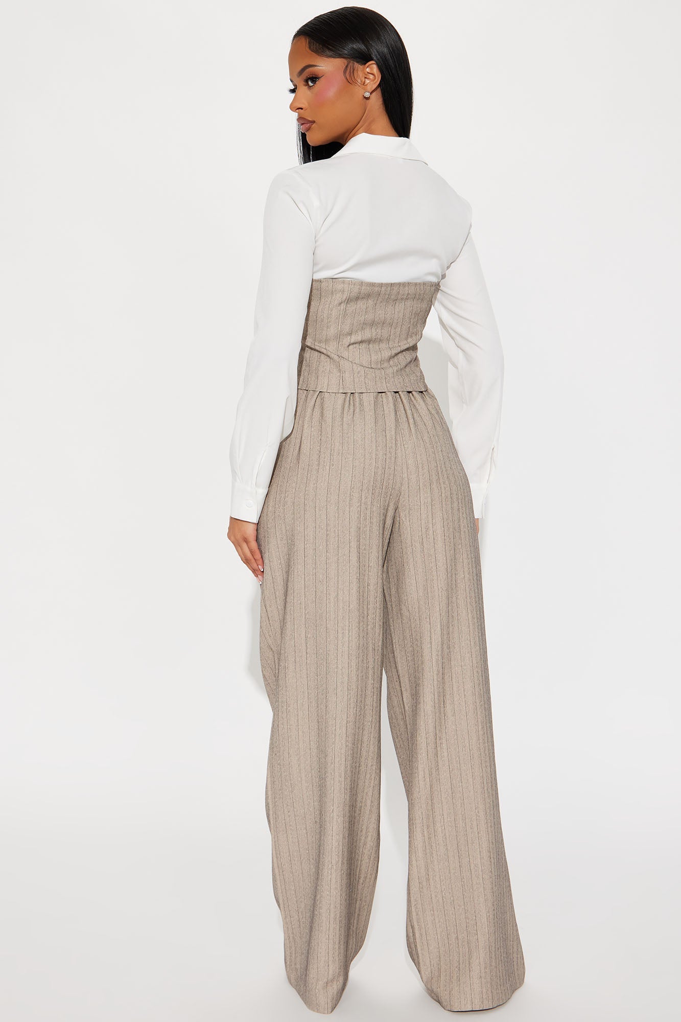 In Attendance Pinstripe Wide Leg Pant Set - Taupe