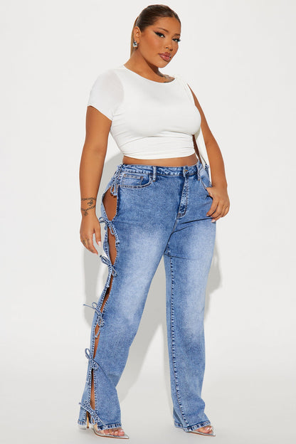 Tied In A Bow Stretch Straight Leg Jeans - Medium Wash