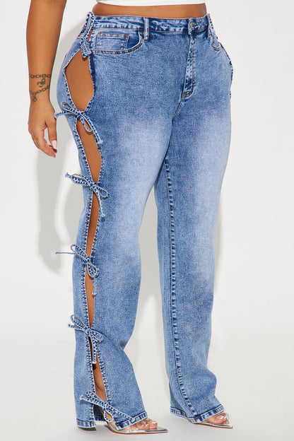 Tied In A Bow Stretch Straight Leg Jeans - Medium Wash