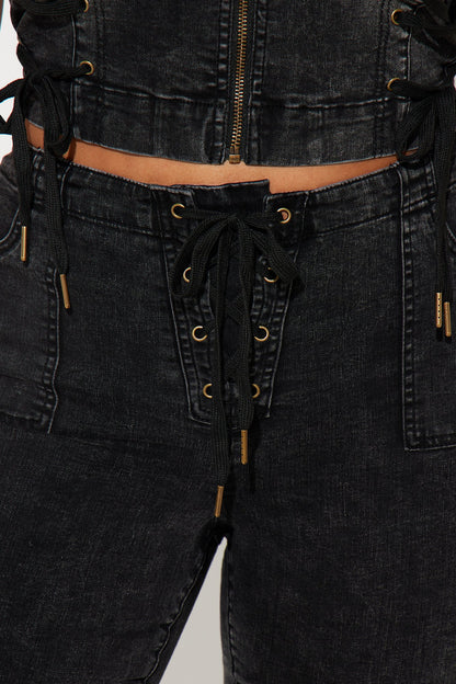 Leveled Up Lace Up Stretch Denim Capris - Black Wash