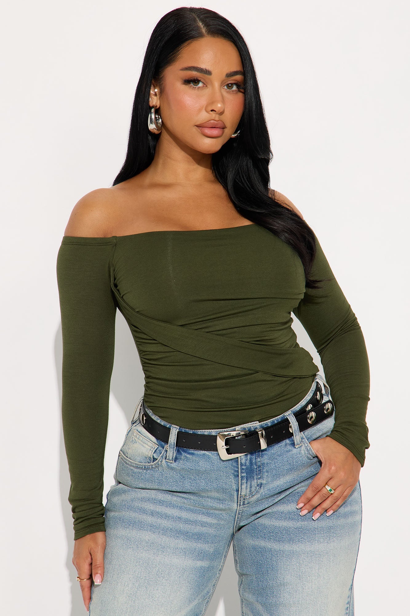 Gilda Off Shoulder Long Sleeve Bodysuit - Olive