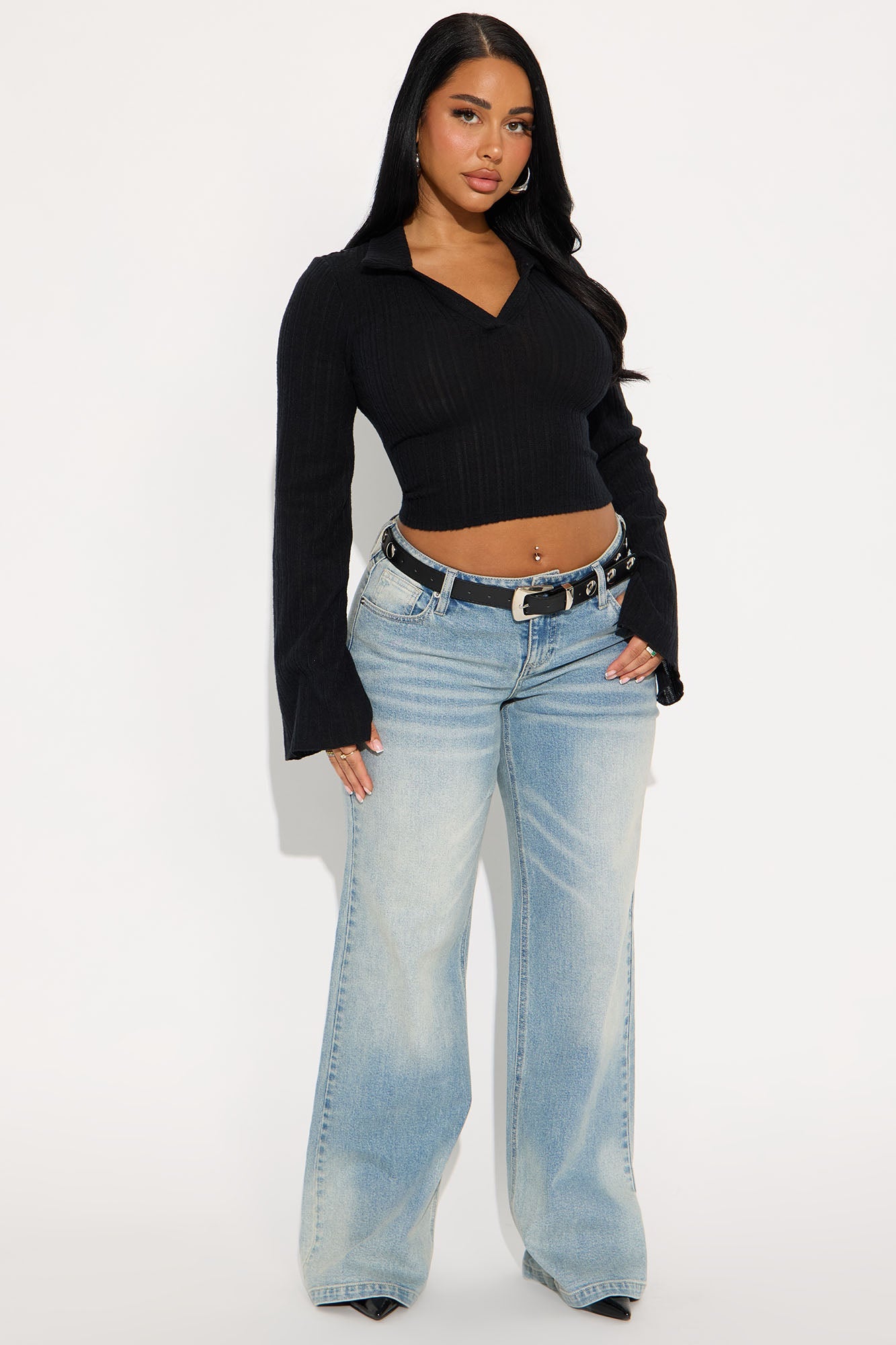 Monday Reports Long Sleeve Polo Top - Black
