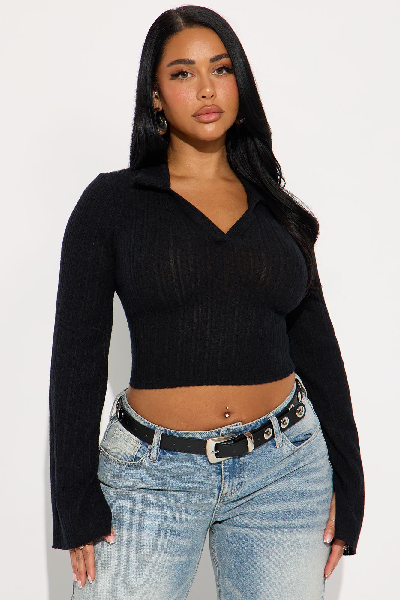 Monday Reports Long Sleeve Polo Top - Black