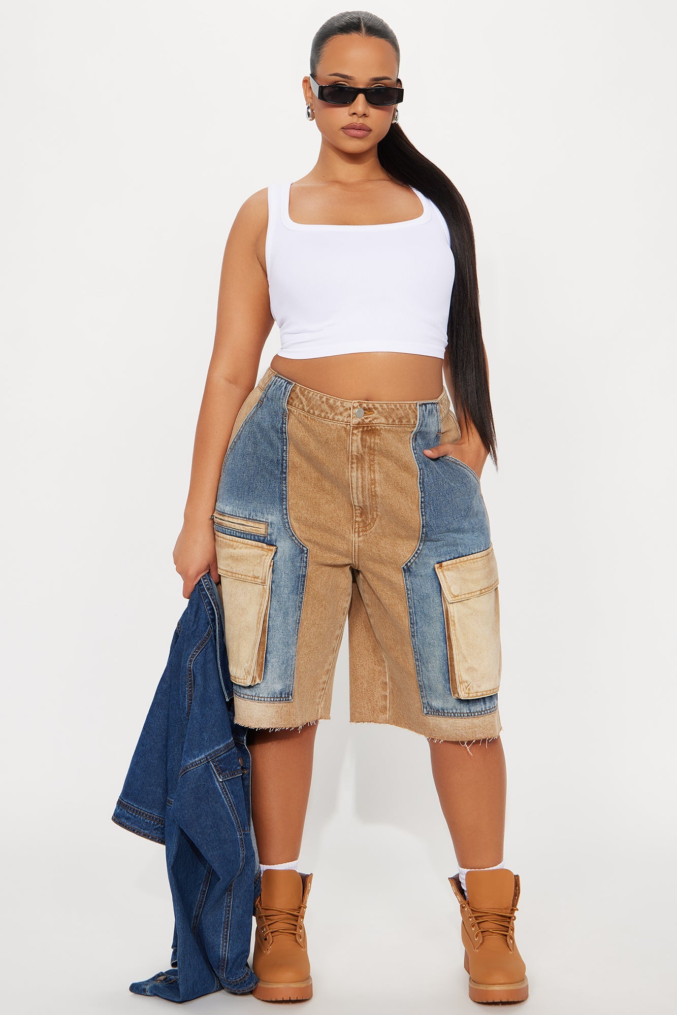 Sahara Cargo Denim Jorts - Tan/Multi