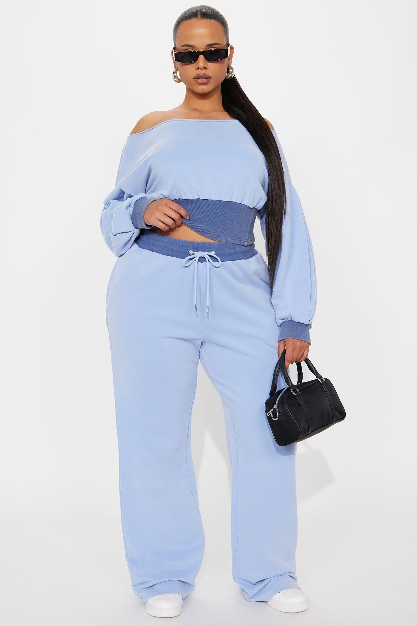 Come Find Me Washed Fleece Mix Pant Set - Periwinkle