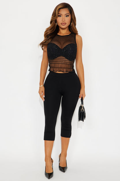 Genova Glitter Smocked Mesh Top - Black