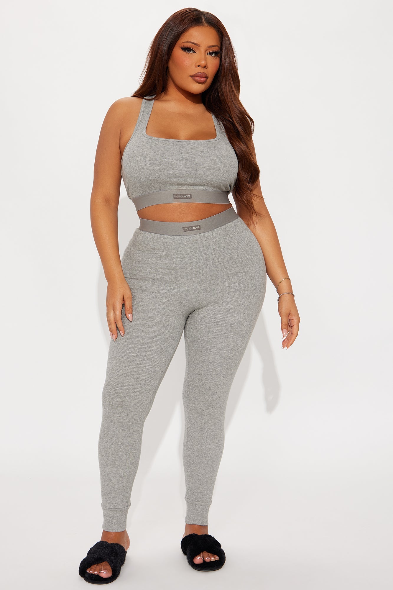 FN Mood Racerback Bra And Legging 2 Piece Ribbed Cotton Set - Heather Grey
