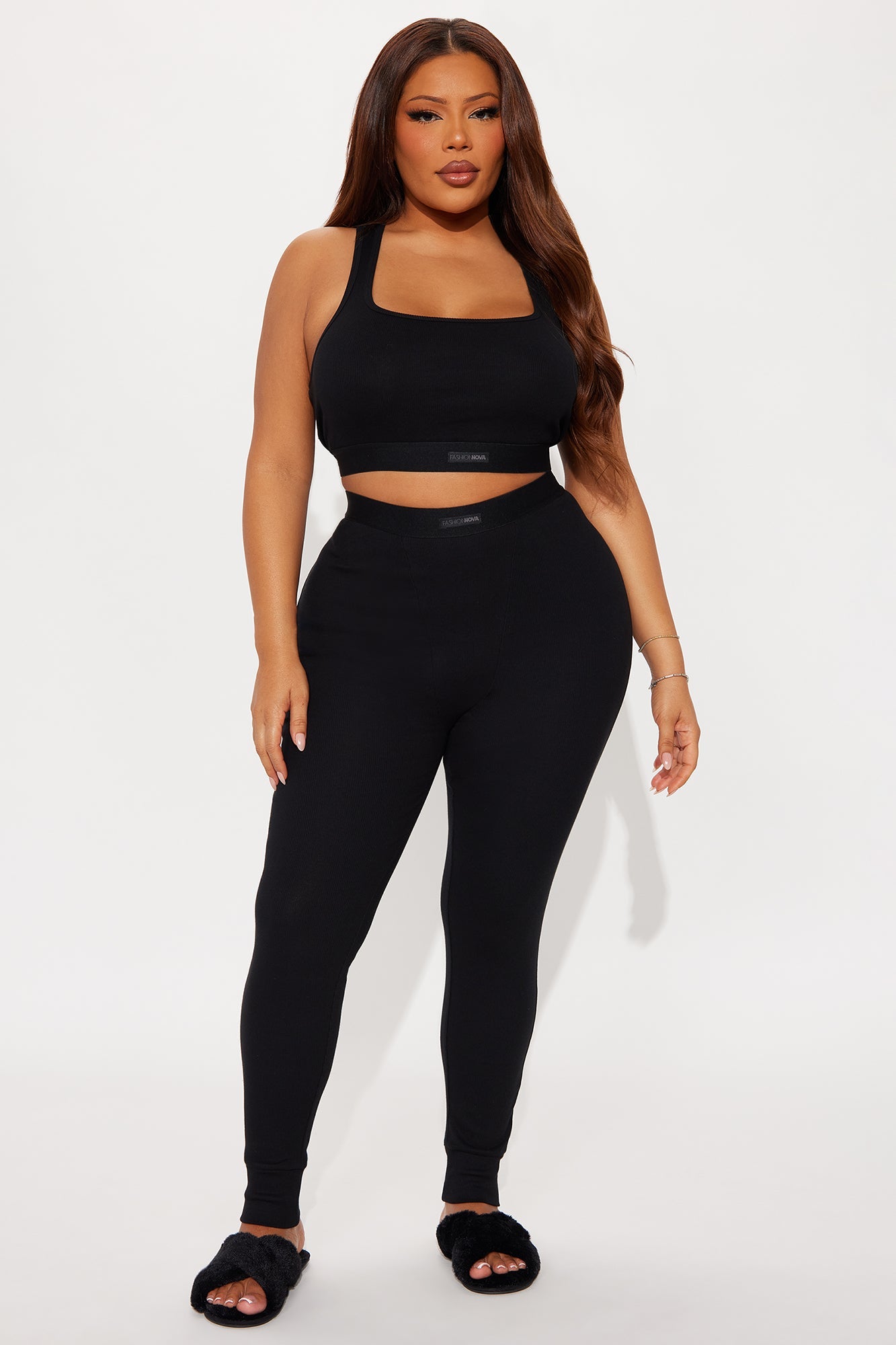 FN Mood Racerback Bra And Legging 2 Piece Ribbed Cotton Set - Black