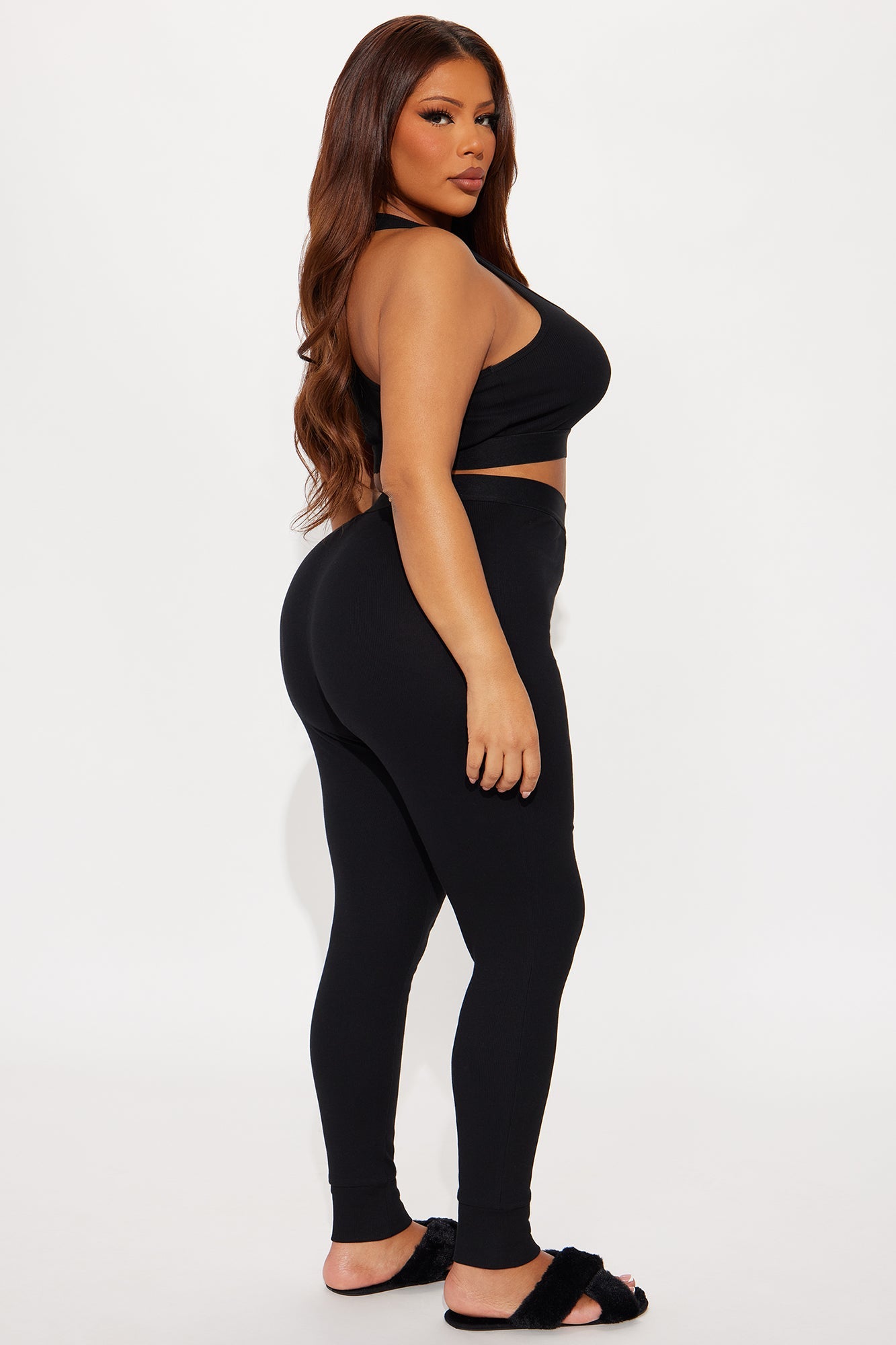 FN Mood Racerback Bra And Legging 2 Piece Ribbed Cotton Set - Black
