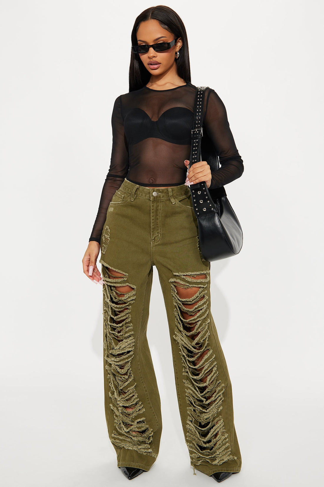Big Dreams Non Stretch Ripped Wide Leg Baggy Jean - Olive