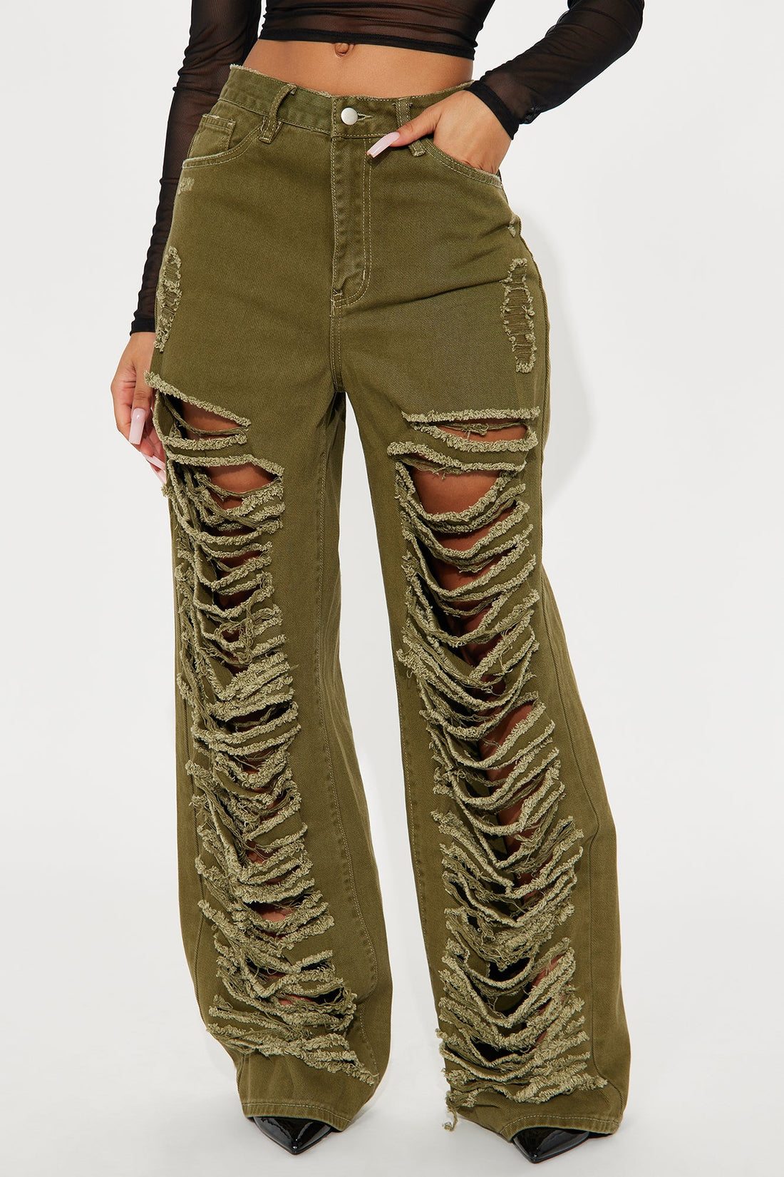 Big Dreams Non Stretch Ripped Wide Leg Baggy Jean - Olive