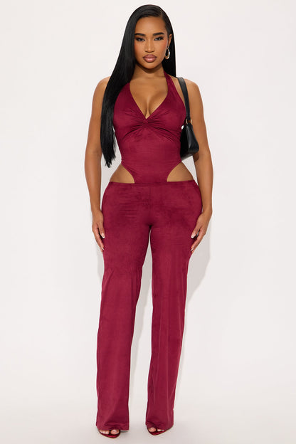 Lianna Faux Suede Halter Jumpsuit - Burgundy