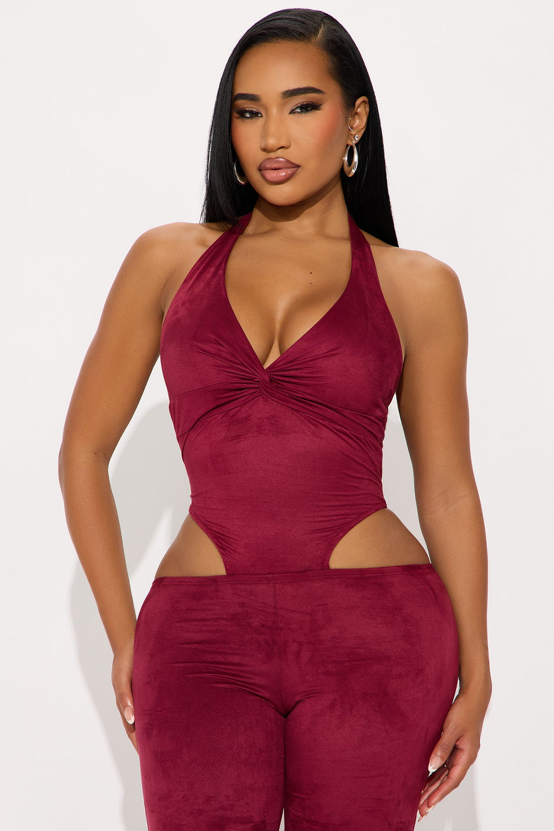 Lianna Faux Suede Halter Jumpsuit - Burgundy
