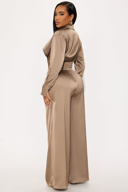 Champagne Dreams Satin Pant Set - Bronze