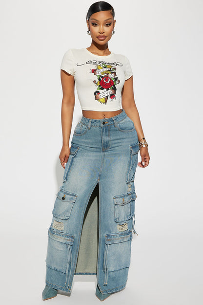 Out Of Town Cargo Denim Maxi Skirt - Medium Wash