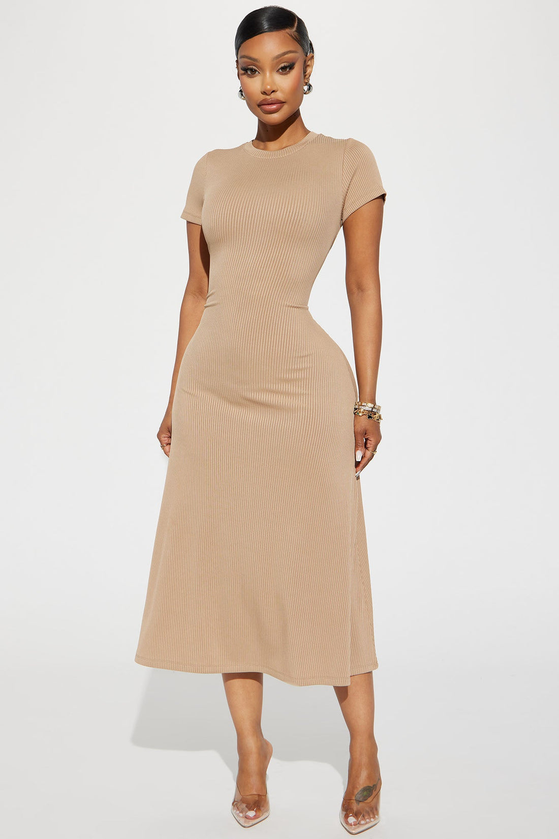 Madison Ribbed Midi Dress - Beige