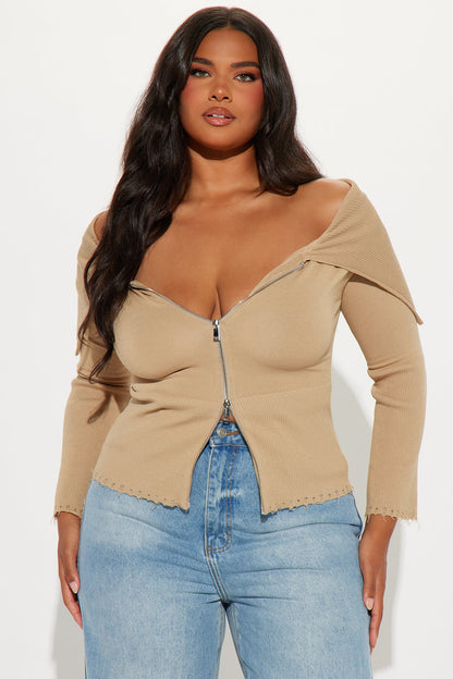 Rylee Off Shoulder Cardigan - Taupe