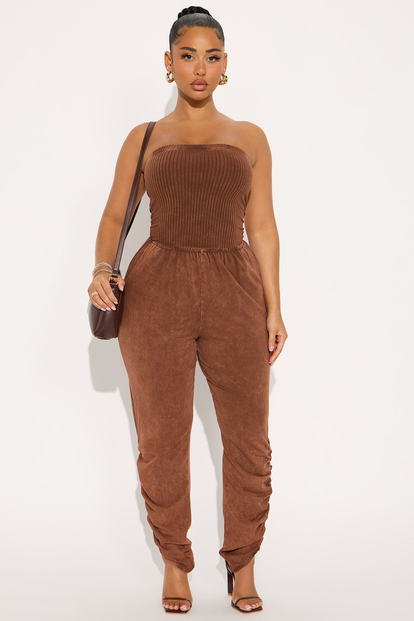 No Rush Washed Barrel Leg Jumpsuit - Brown