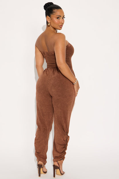 No Rush Washed Barrel Leg Jumpsuit - Brown