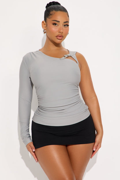Gwen Buckle One Shoulder Top - Heather Grey