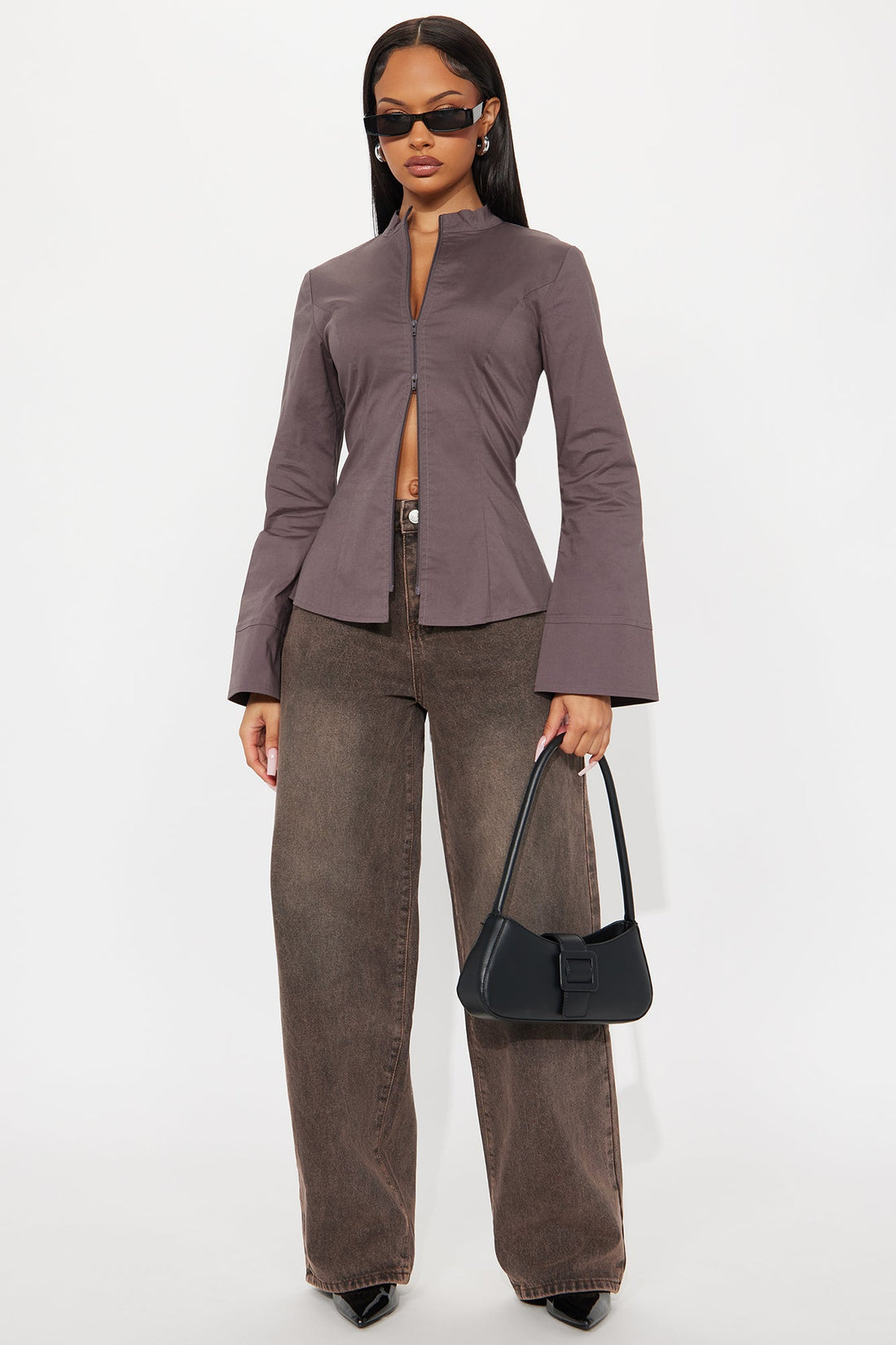 Kara Poplin Zip Up Shirt - Grey