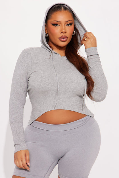 Livia Long Sleeve Ribbed Hooded Top - Heathered Grey