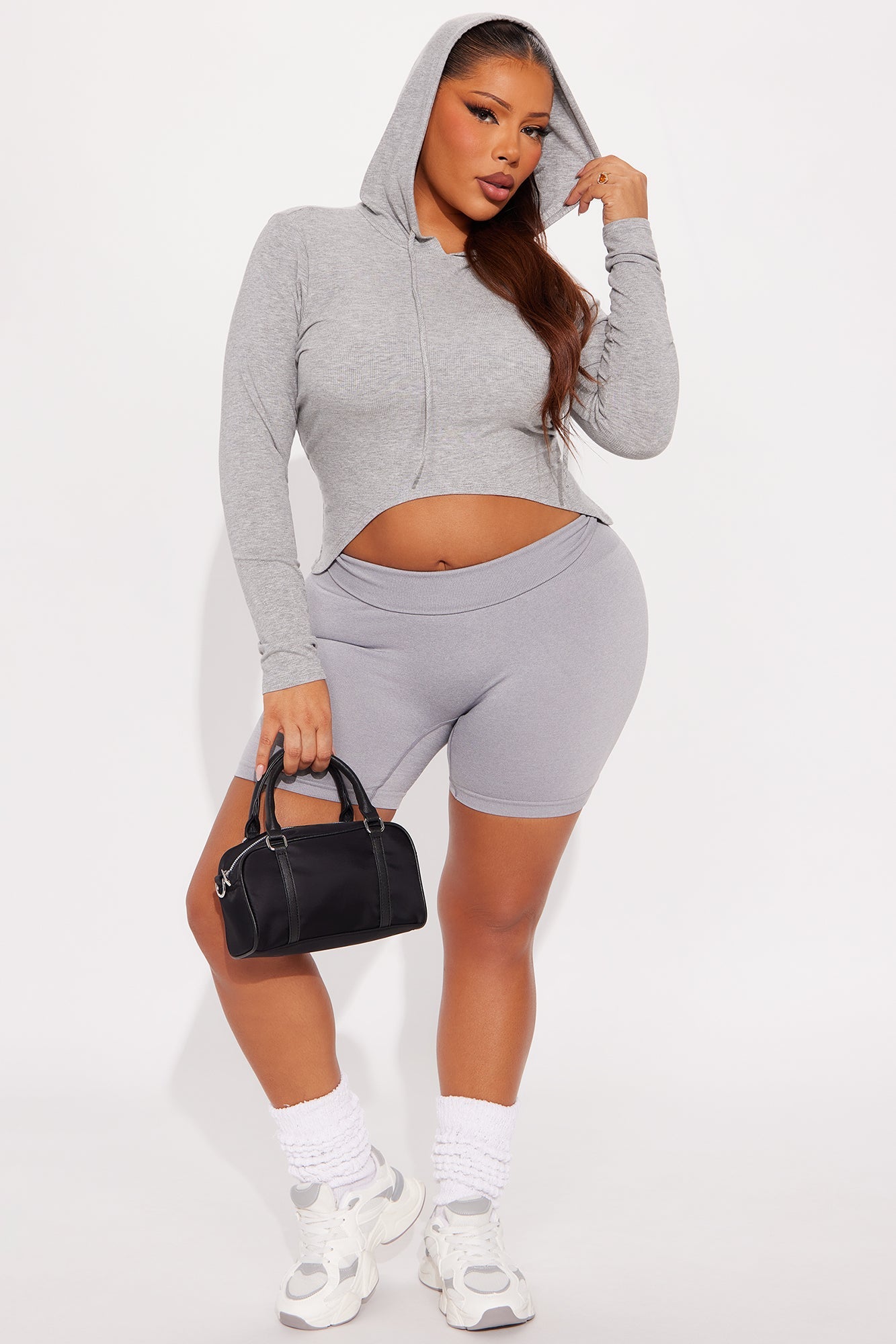 Livia Long Sleeve Ribbed Hooded Top - Heathered Grey