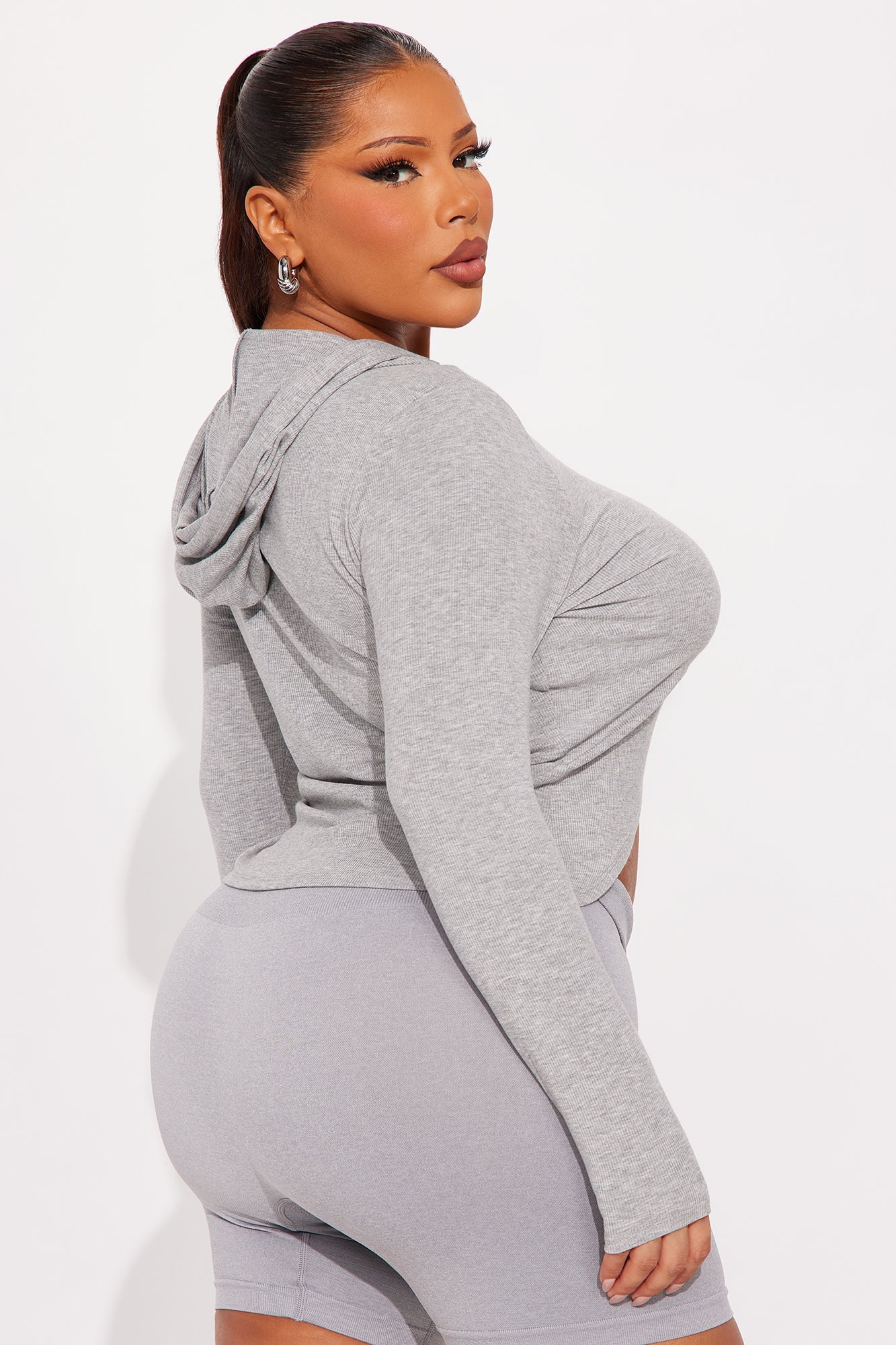 Livia Long Sleeve Ribbed Hooded Top - Heathered Grey