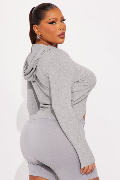 Livia Long Sleeve Ribbed Hooded Top - Heathered Grey