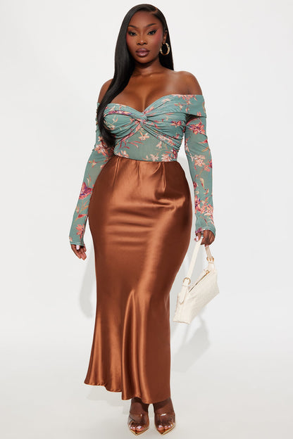 Floral Embrace Ruched Off Shoulder Bodysuit - Sage/combo