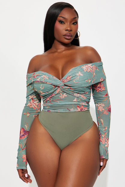 Floral Embrace Ruched Off Shoulder Bodysuit - Sage/combo