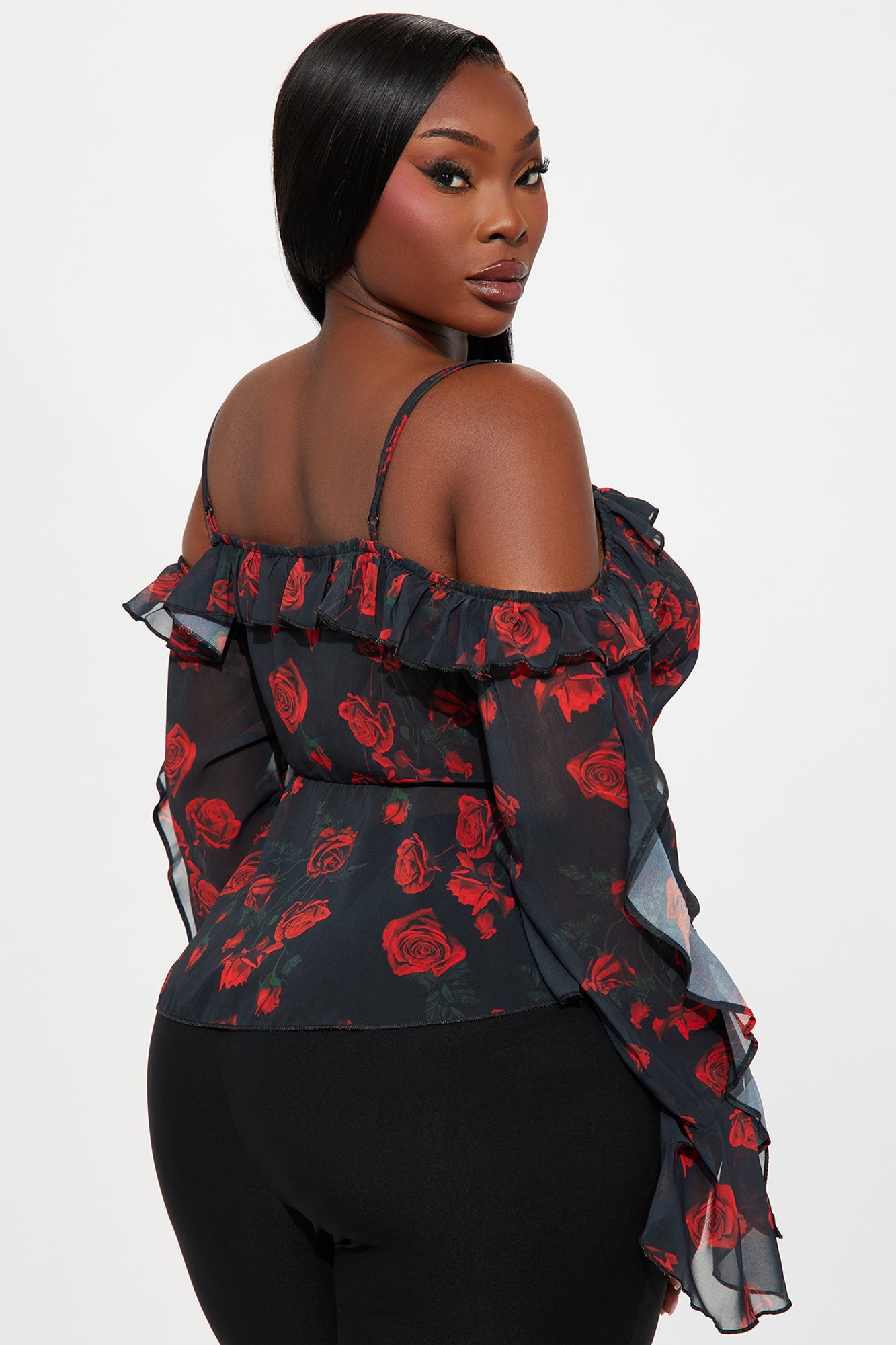 Sweet Delicate Rose Chiffon Ruffle Top - Black/Red
