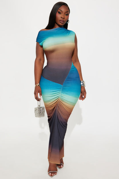 Candy Skies Ombre Asymmetrical Maxi Dress - Brown/combo
