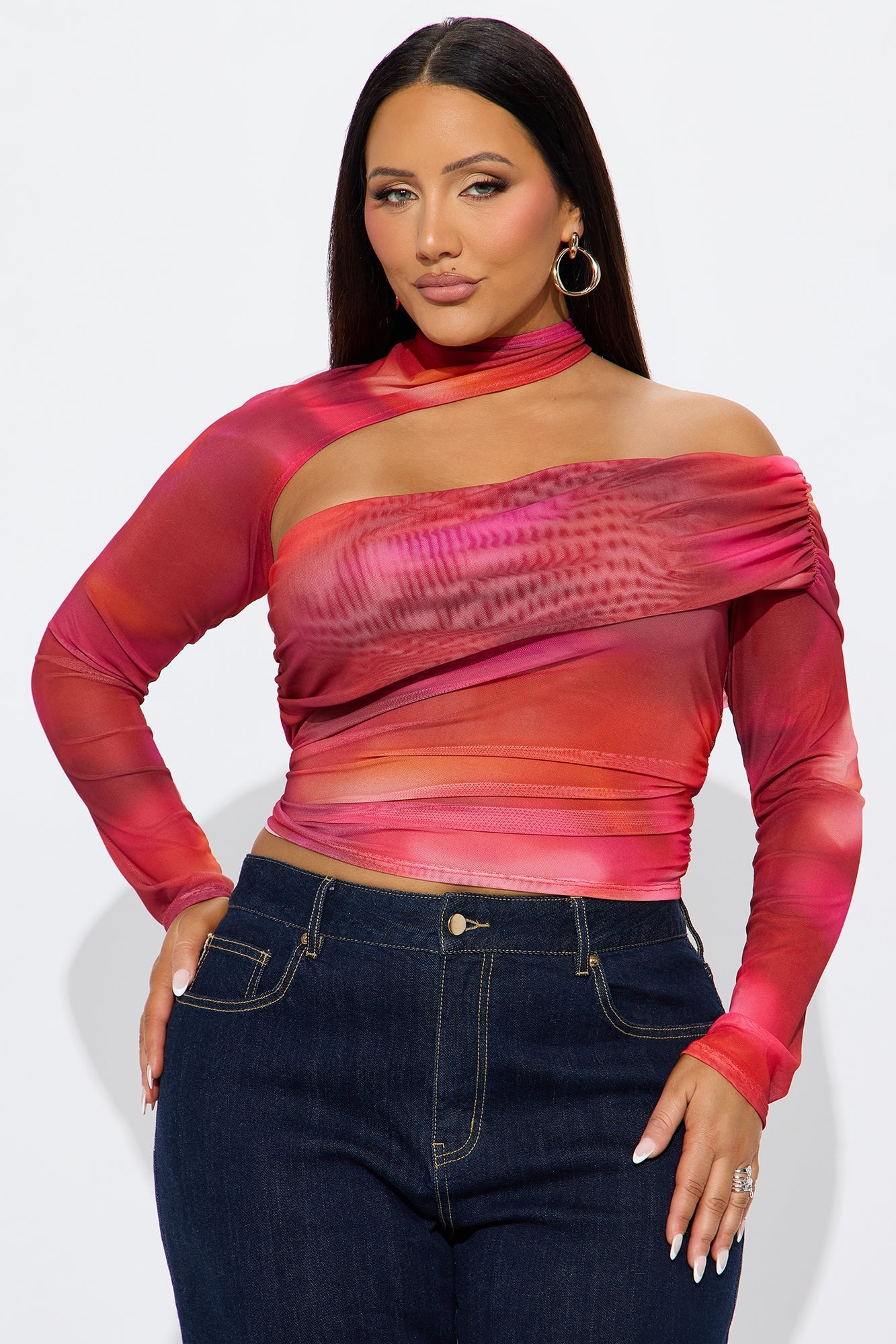 My Weakness Long Sleeve Mesh Top - Red/combo