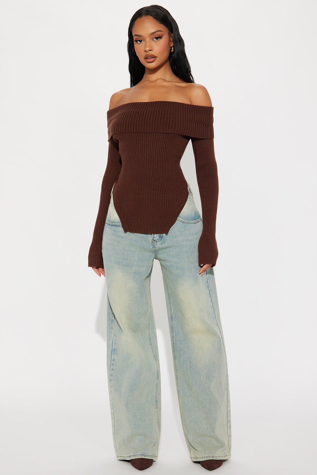 Karma Off Shoulder Sweater - Chocolate
