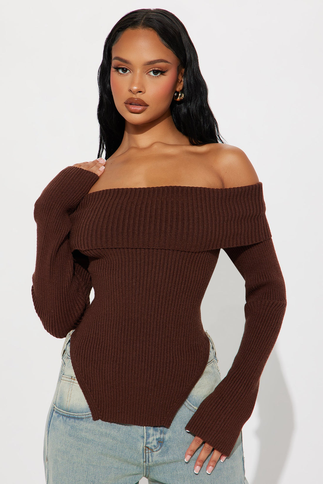 Karma Off Shoulder Sweater - Chocolate