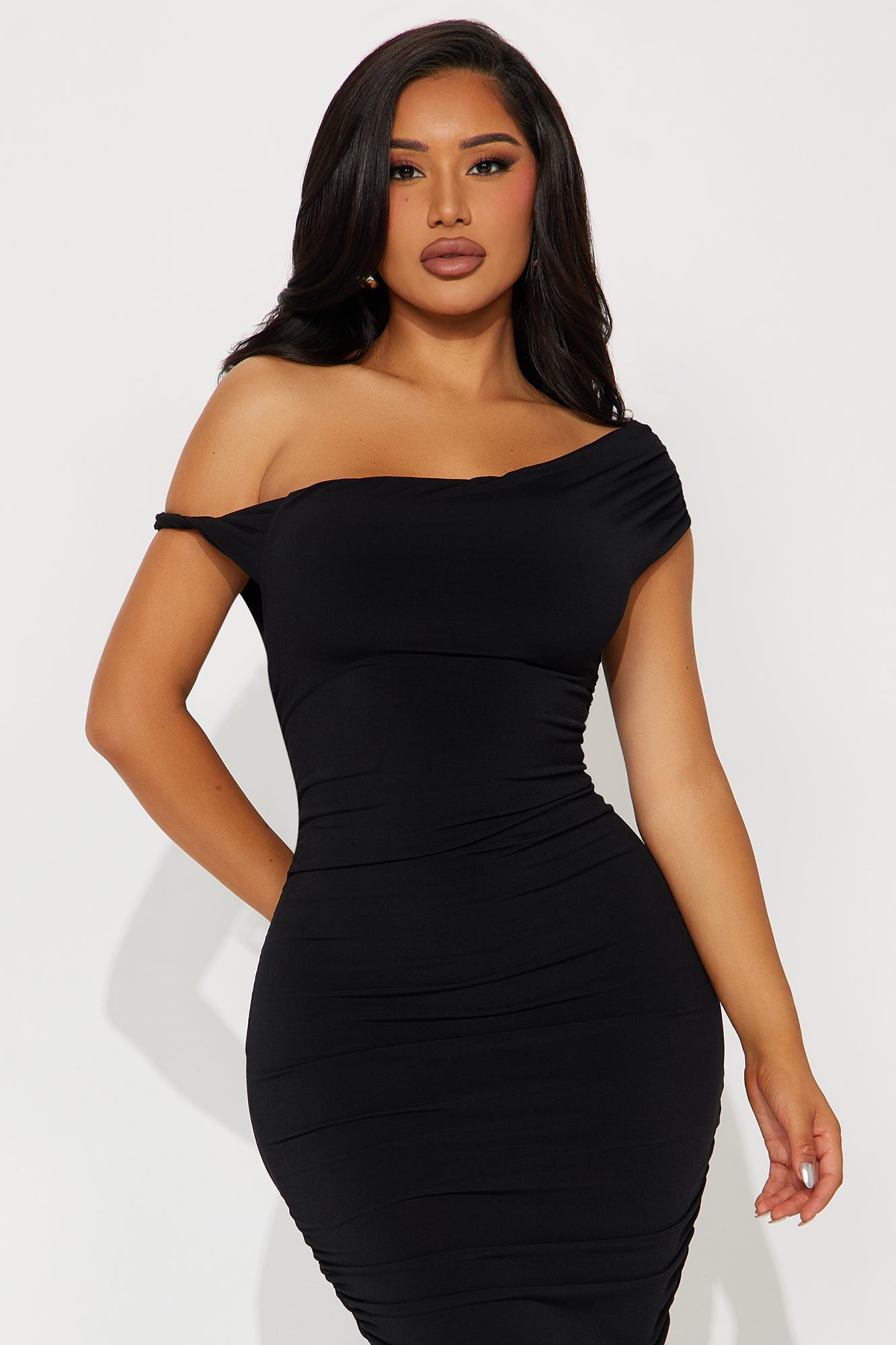 Blind Date One Shoulder Midi Dress - Black